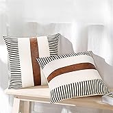JASEN Set of 2 Farmhouse Stripe Patchwork Linen Throw Pillow Covers, Brown Faux Leather Modern Decorative Pillow Covers for Sofa Bedroom Living Room 18x18 inch (Black, 18"x18")
