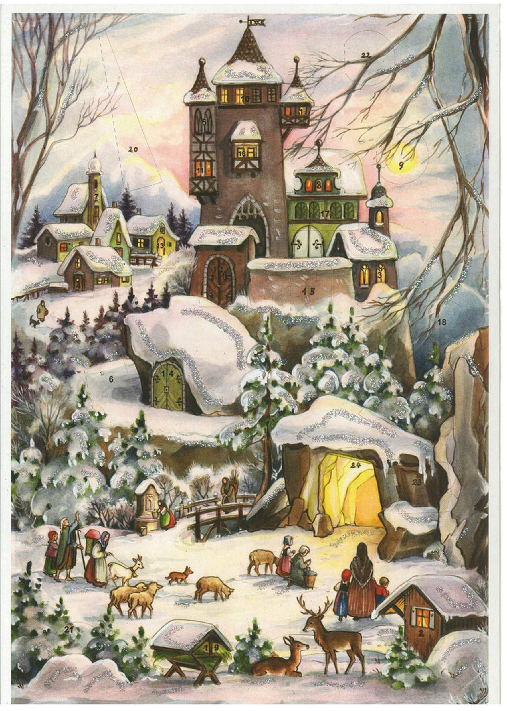 Advent Calendar 24 Doors 297 x 210 mm - Snowscene House T0wer on Hill with Animals - with Glitter and Translucent Windows - RS77 - Traditional Antique German Design