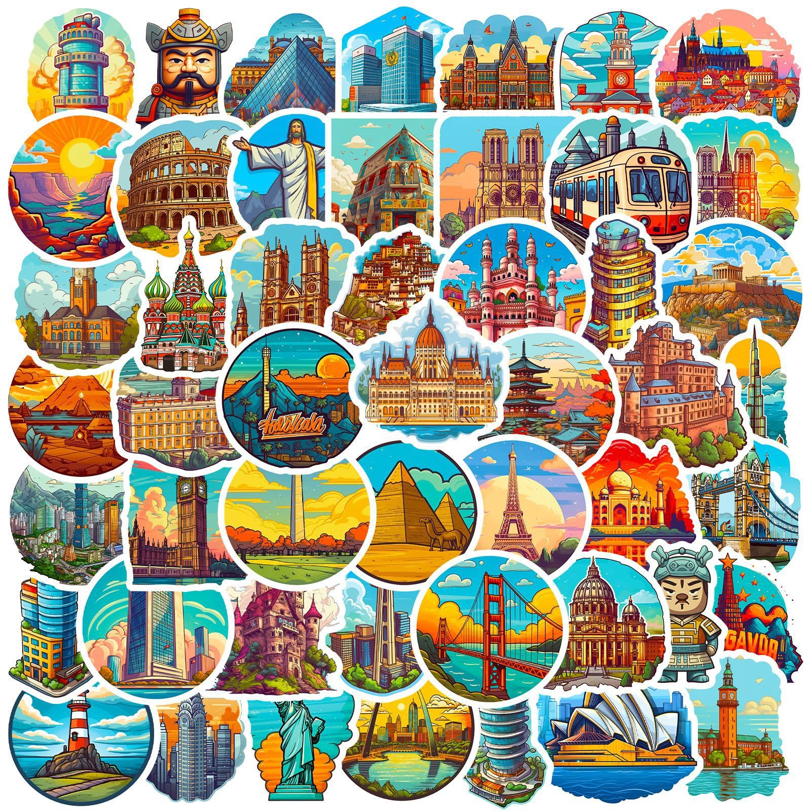 World Landmark Stickers for Laptop (50 PCS),Gift for Children Teens Adults Girl Boys,Waterproof Stickers for Water Bottle,World Travel Vinyl Stickers for Scrapbook,Skateboard,Bike,Phone,Dairy