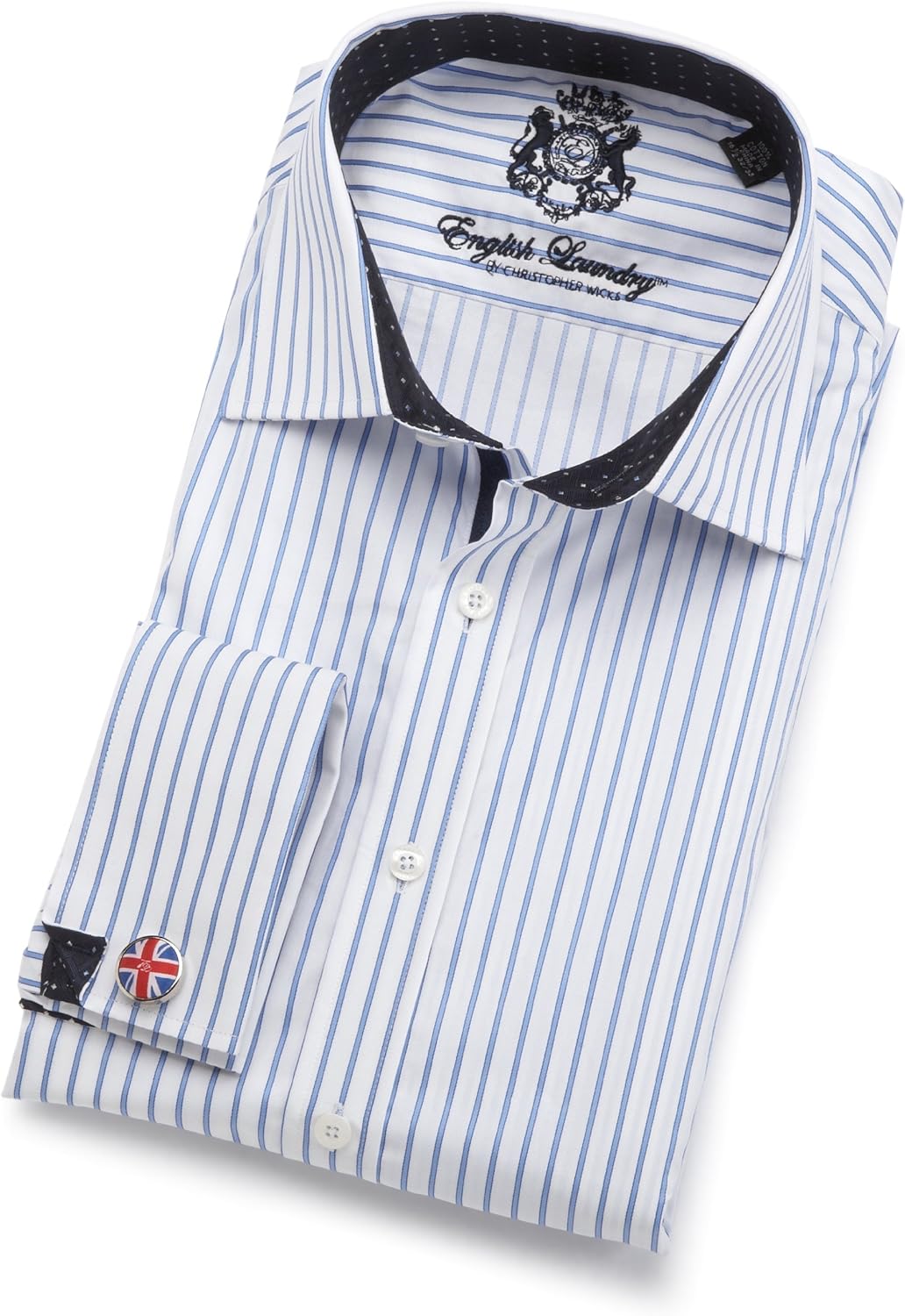 English Laundry Men's Long Sleeve Striped Woven Dress Shirt, White, 15.