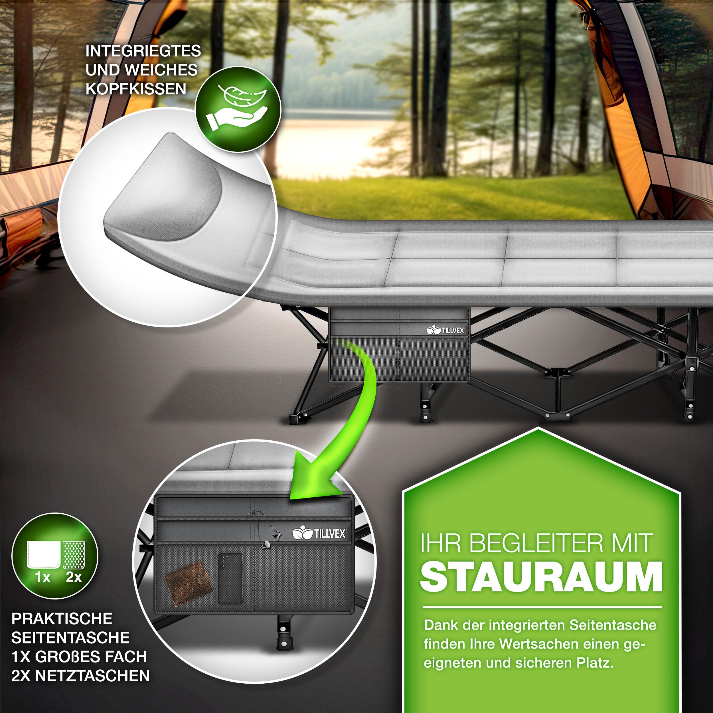 tillvex® Campingbett klappbar mit Tragetasche bis 200 kg | Campingliege extra breit | Feldbett Karpfenliege für Outdoor & Indoor | Klappbett Gästebett faltbar Garten Camping Angeln Festival Reise 7