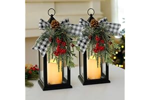 AFINETH 14" Christmas Lanterns Decorative Indoor/Outdoor, 2 Pack Black Lantern Decor with Timer Candle, Waterproof Battery Operated Outdoor Lanterns, Vintage Christmas Lanterns for Patio, Porch, Entryway