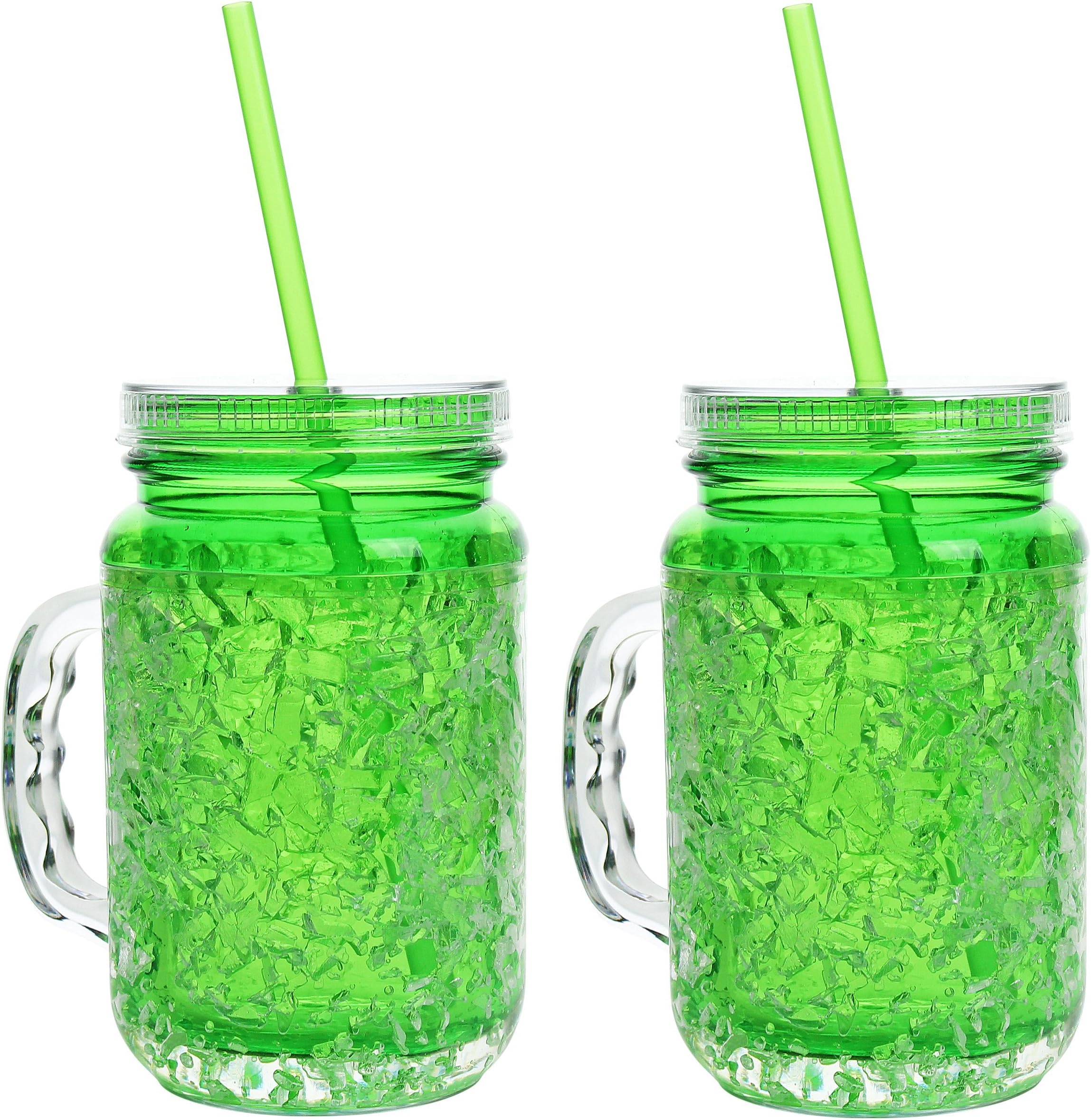 Mason Jar Frosty Freezer Mugs, Double Wall, Gel with Lid and Straw, 20oz (Green)