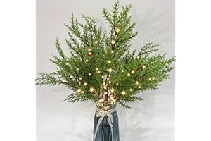 MINDELF 3 PCS Christmas Lighted Branches for Vases, 147 Lights with Cypress-Leaf and Red Berries, Battery Operated, Timer, Handmade Artificial Evergreen Sprig Twinkle Trees for Indoor Outdoor