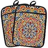 Fyecoluo Boho Vibrant Mandala Floral Pot Holders 2 Pack Set, Vintage Hinduism Spiritual Folk Lotus Flower Mandala Heat Resistant Oven Hot Pads for Kitchen Countertop Baking，064 Potholder