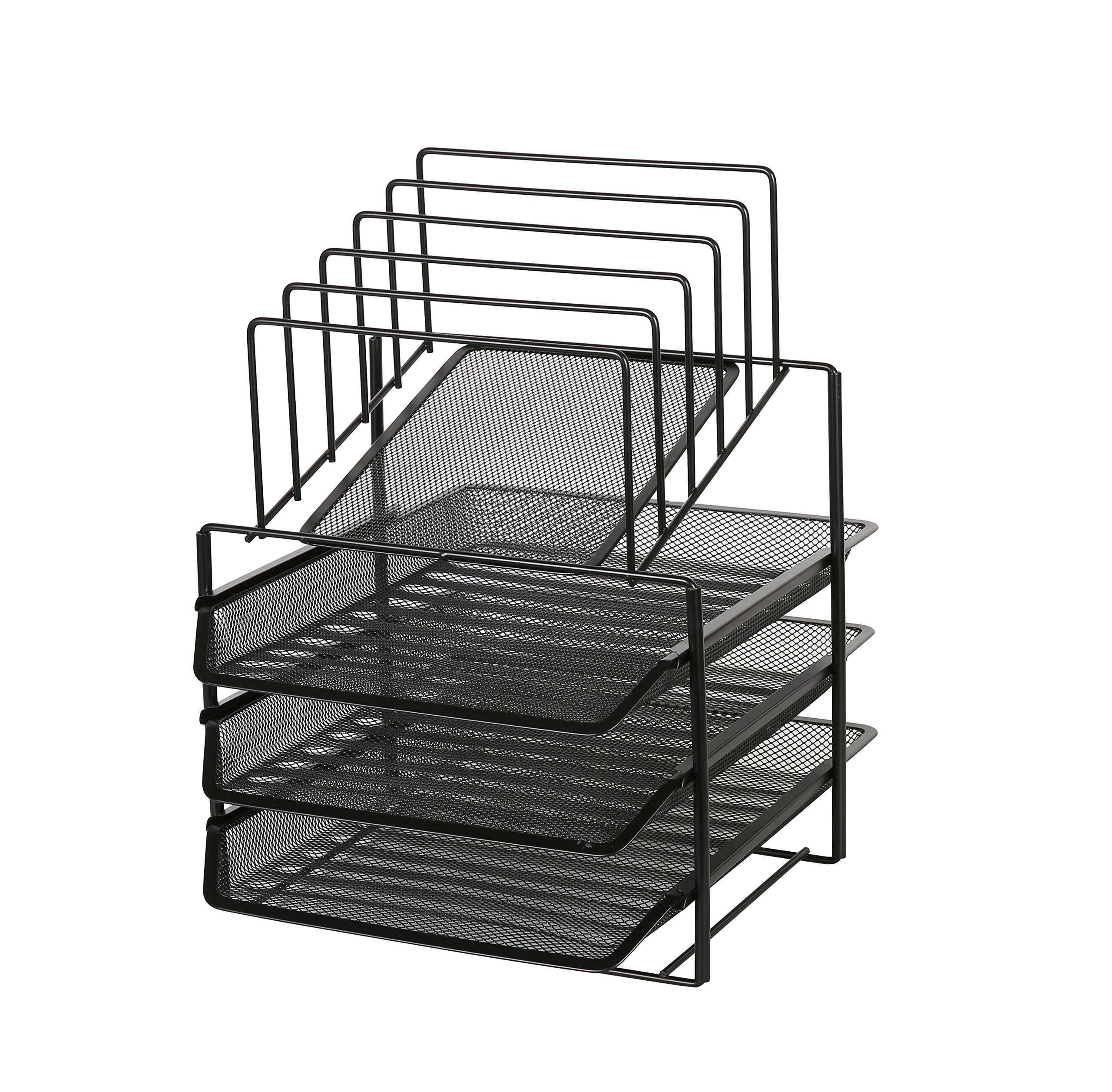 Exerz Desk Organiser 3 Layer Sliding Letter Trays with 5 Dividers - Upright Sections/Paper Sorter/Drawer/Desk Multifunctional File Holder for Office, School (Black)