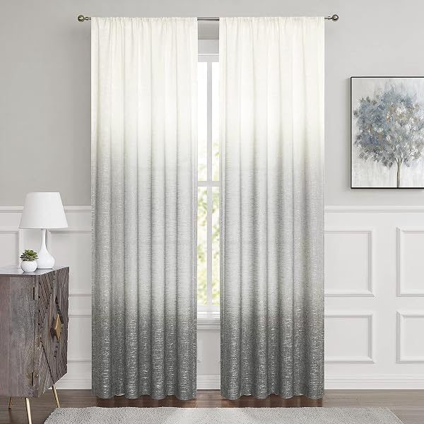 VISION HOME GREY OMBRE WINDOW CURTAINS LINEN TEXTURE GRADIENT LIGHT FILTERING SEMI SHEER CURTAINS 84 INCH LENGTH FOR LIVING ROOM BEDROOM ROD POCKET,CREAM WHITE TO GRAY,50″ WX84 L EACH,2 PANELS