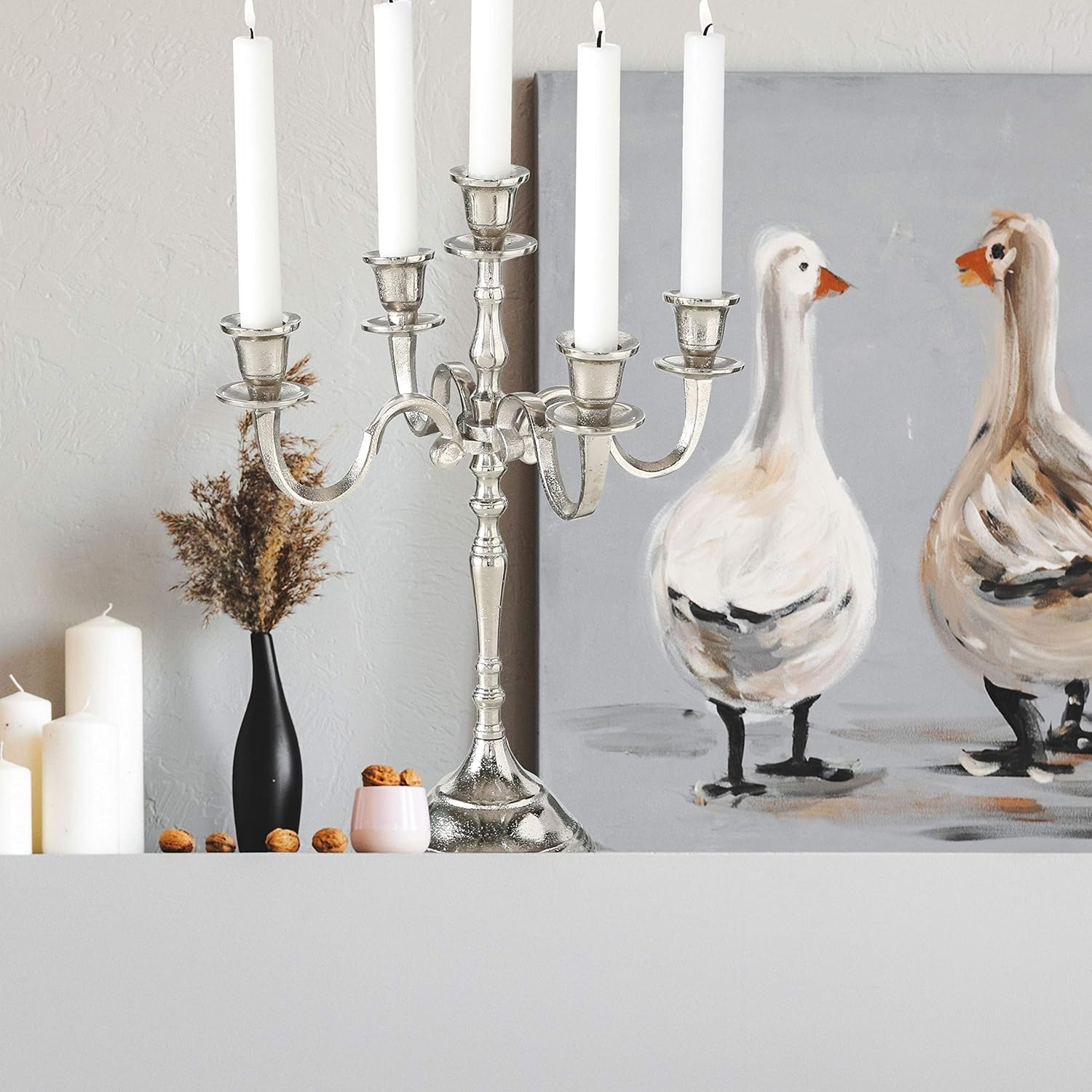 WHW Whole House Worlds Hamptons Five Candle Candelabra, Silver Finish, Centerpiece, Hand Crafted of Cast Aluminum, Atelier Craft Surface Details, Over 1 FT High, (15.75 Inches): Home & Kitchen