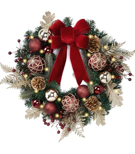 Couronne De Noël Pré-éclairée De 61 Cm Avec 50 Pommes De Pin