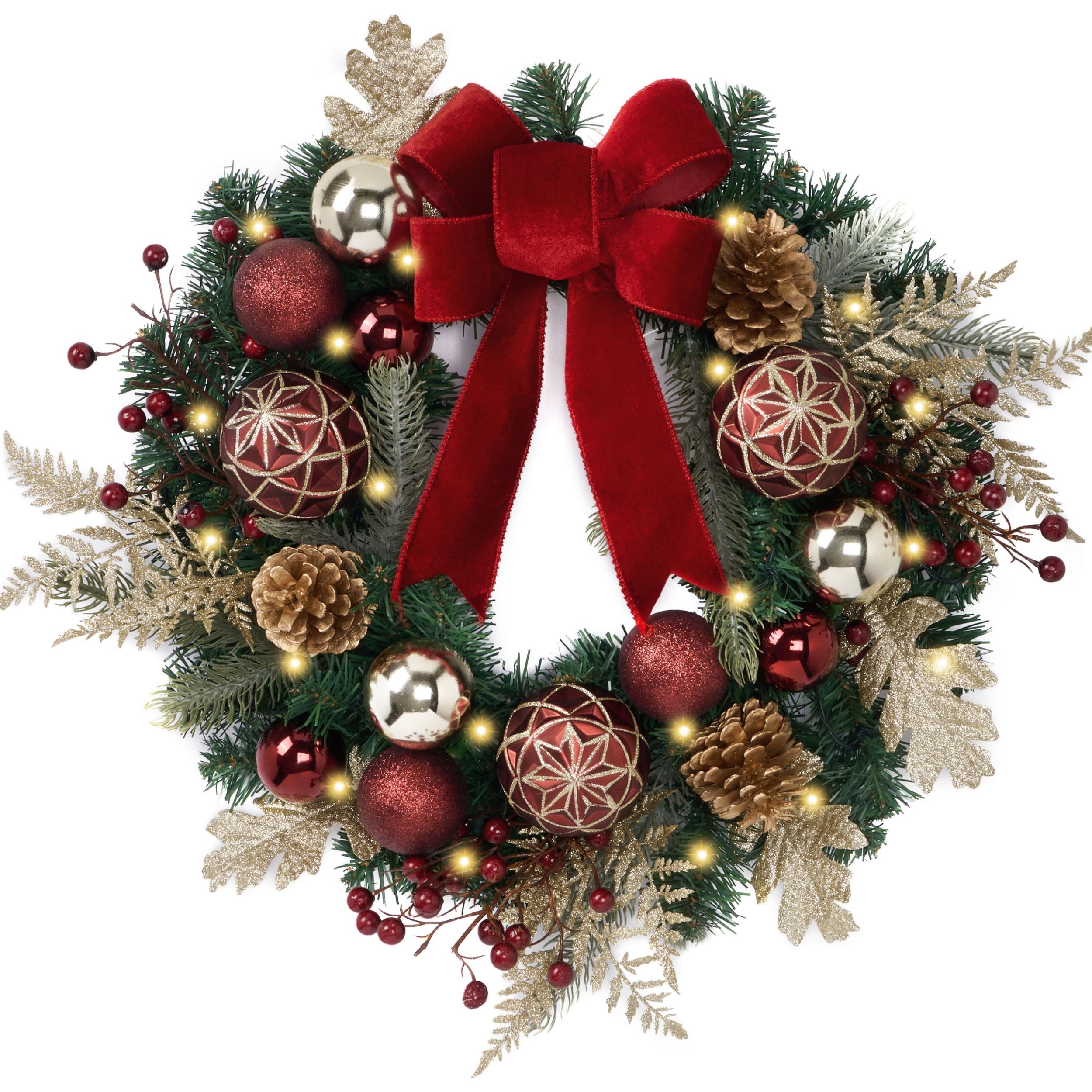 Valery Madelyn Pre-Lit Christmas Wreath for Front Door with Light, 20 ...