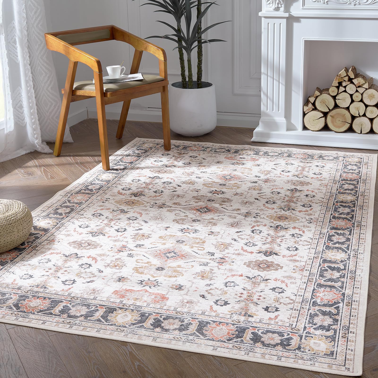 TOPICK Rug 120x180cm Washable Vintage Taupe Grey Bedroom Rug Non Slip Lightweight Carept for Living Room Dining Room