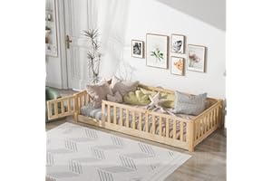 BELLEMAVE Twin Size Floor Bed Frame for Kids Wood Montessori Floor Beds with Fence Railings & Support Slats, Twin Playhouse Bed for Boys Girls, No Box Spring Needed, Natural