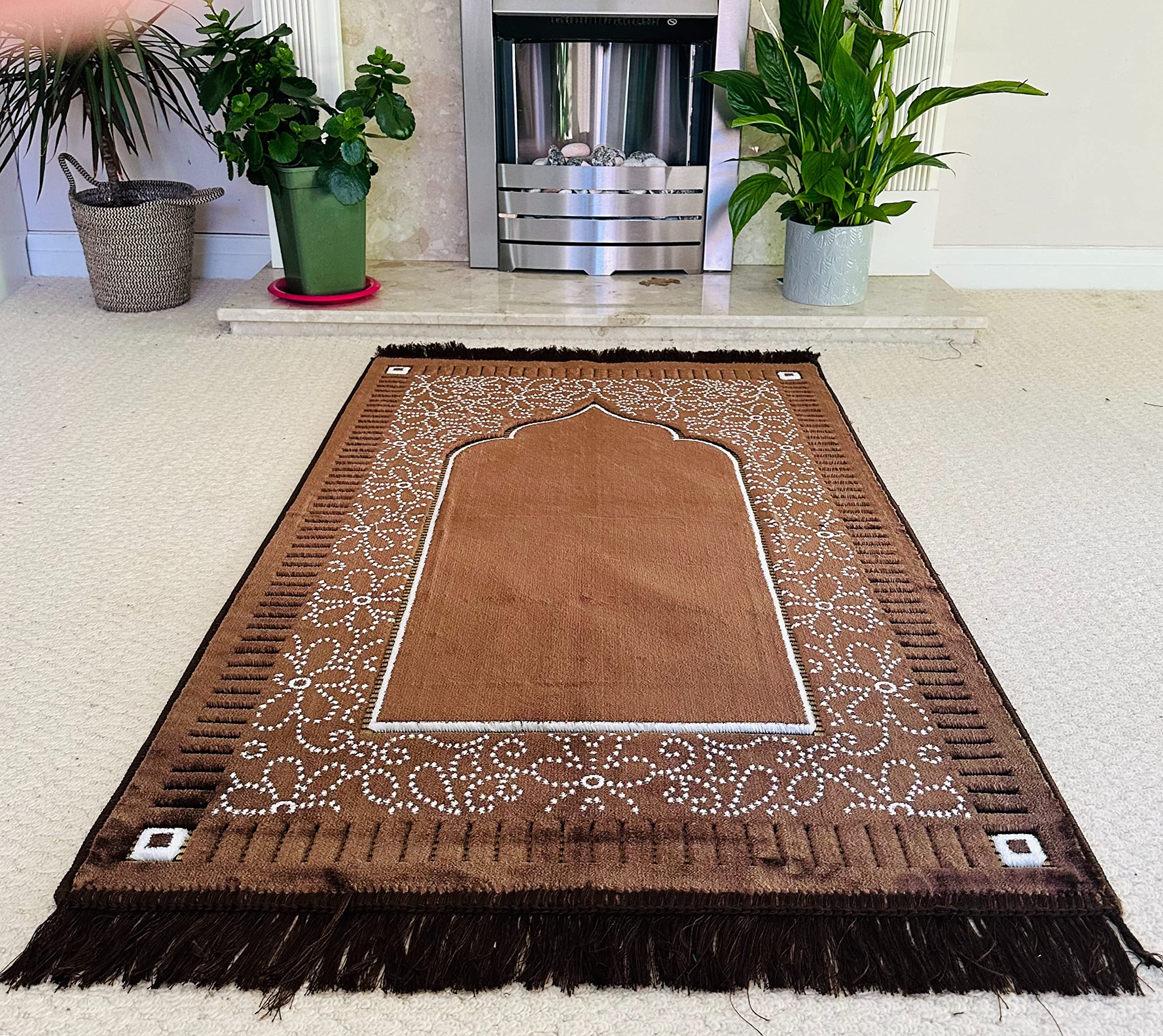 Mihrab Design Velvet Muslim Prayer Mat/Rug (750g) - NEW (Coffee)