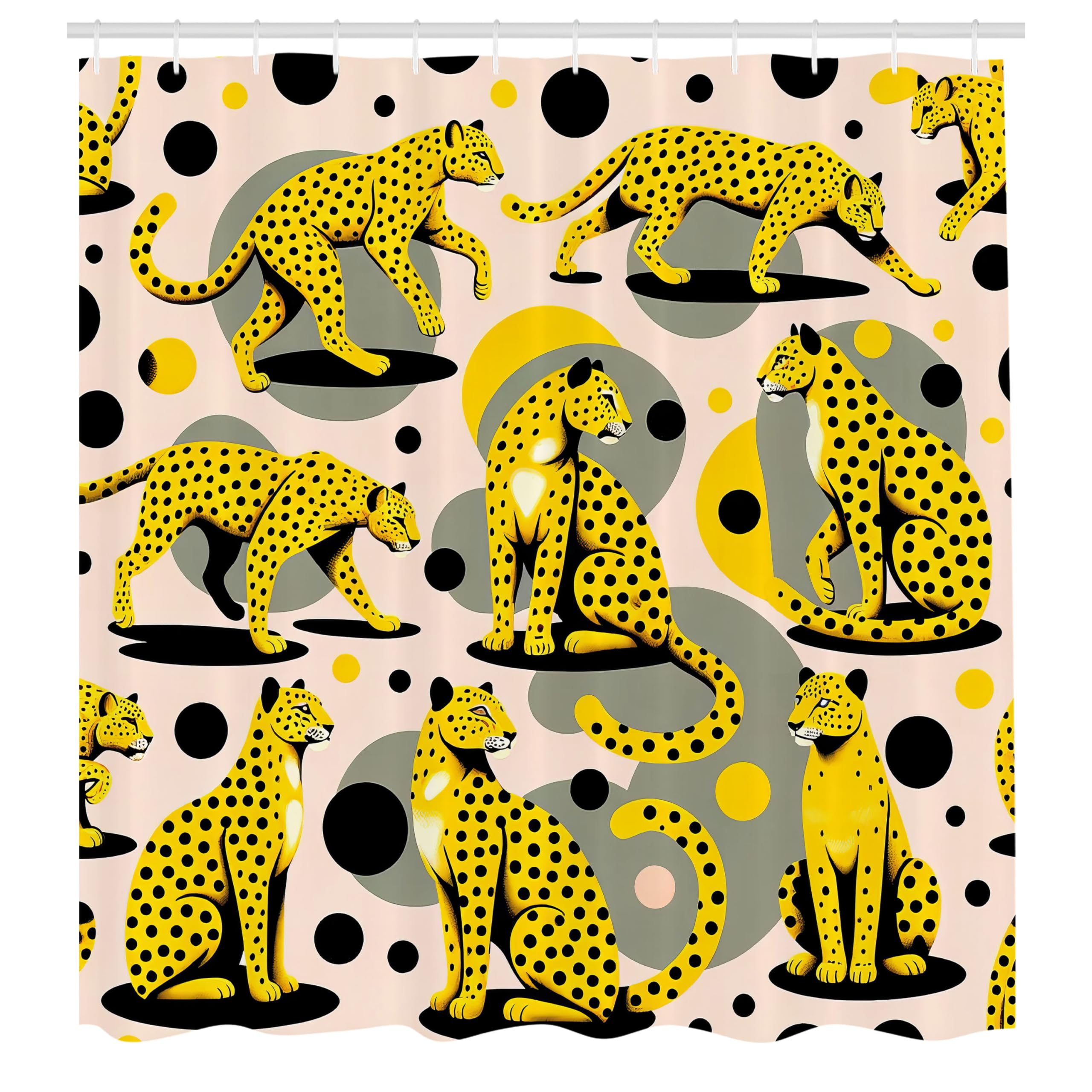 ABAKUHAUS Pink Shower Curtain, Tropical Cheetah Animal Print, Cloth Fabric Bathroom Decor Set with Hooks, 175 x 200 cm, Mustard Yellow Pale Rose Grey