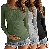 Velvelhall 3 Pack Women's Maternity Shirts Long Sleeve Ribbed Round Neck Pregnancy Tops Casual Basic Tee Maternity Clothes