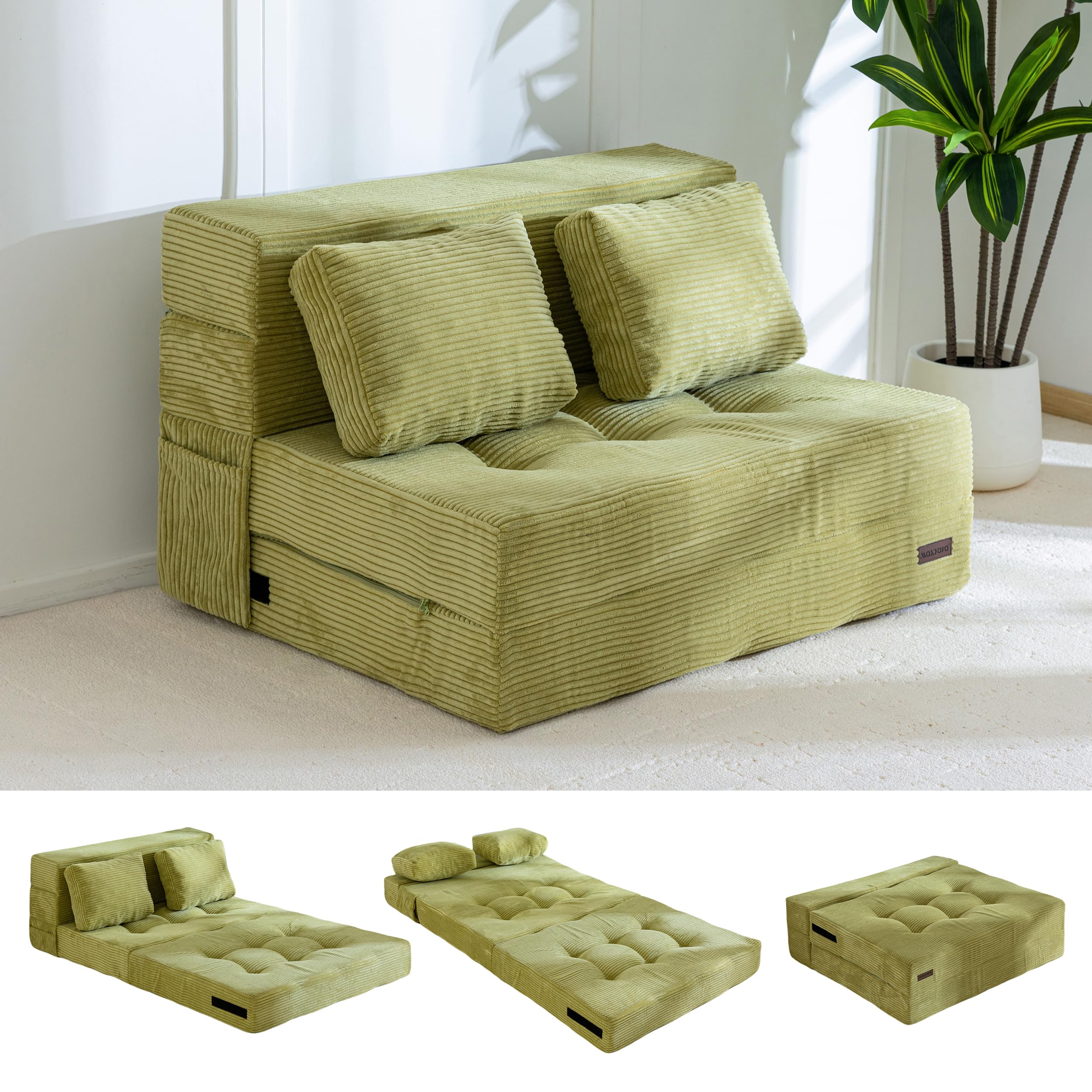 Photo 1 of MAXYOYO Convertible Sofa Bed, Fold Out Sleeper Sofa with Pillow, 4 in 1 Tufted Folding Couch Bed Foam Floor Couch, Lazy Chair for Living Room Bedroom Guest Room, Green