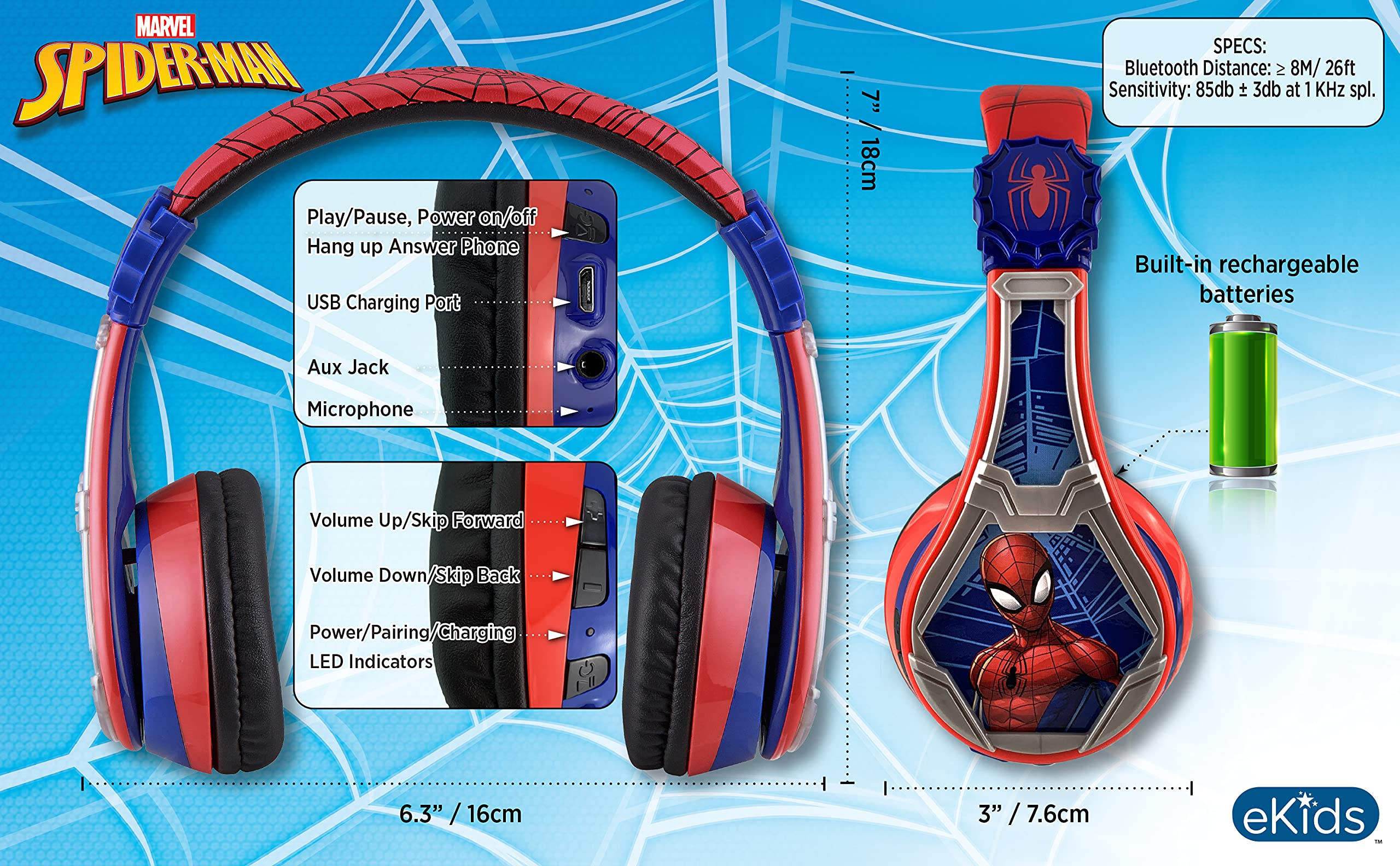 eKids Spiderman Wireless Bluetooth Portable Headphones with Microphone, Volume Reduced to Protect Hearing Rechargeable Battery, Adjustable Kids Headband for School Home or Travel