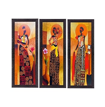 eCraftIndia Set of 3 Tribal Village Ladies Satin Matt Texture UV Art Painting