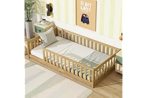 A ALFRESCOOL Twin Size Montessori Floor Bed with Safety Fence, Pine Wood Floor Bed Frame with Support Slats and Full-Length Guardrails for Toddler Kids Girls Boys Bedroom (Natural)
