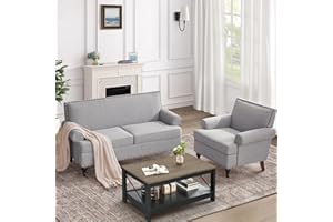 HUIMO 2 Piece Living Room Furniture Sets with Loveseat Sofa and Accent Chair, Upholsteded Loveseat Couch with Rivet, Mid Century Modern Couch, Comfy Living Room Chairs (Light Grey)