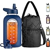 CIVAGO Half Gallon Glass Water Bottle with Straw and Insulated Bottle Holder Sling, 64 oz Motivational Water jug with Time Marker and Silicone Sleeve, Water Flask with 2 Lids, Navy
