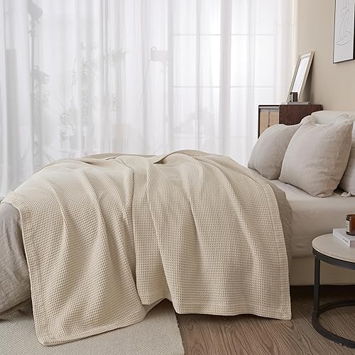 100% Cotton Blanket for Full Queen Size Bed Tan Waffle Weave
