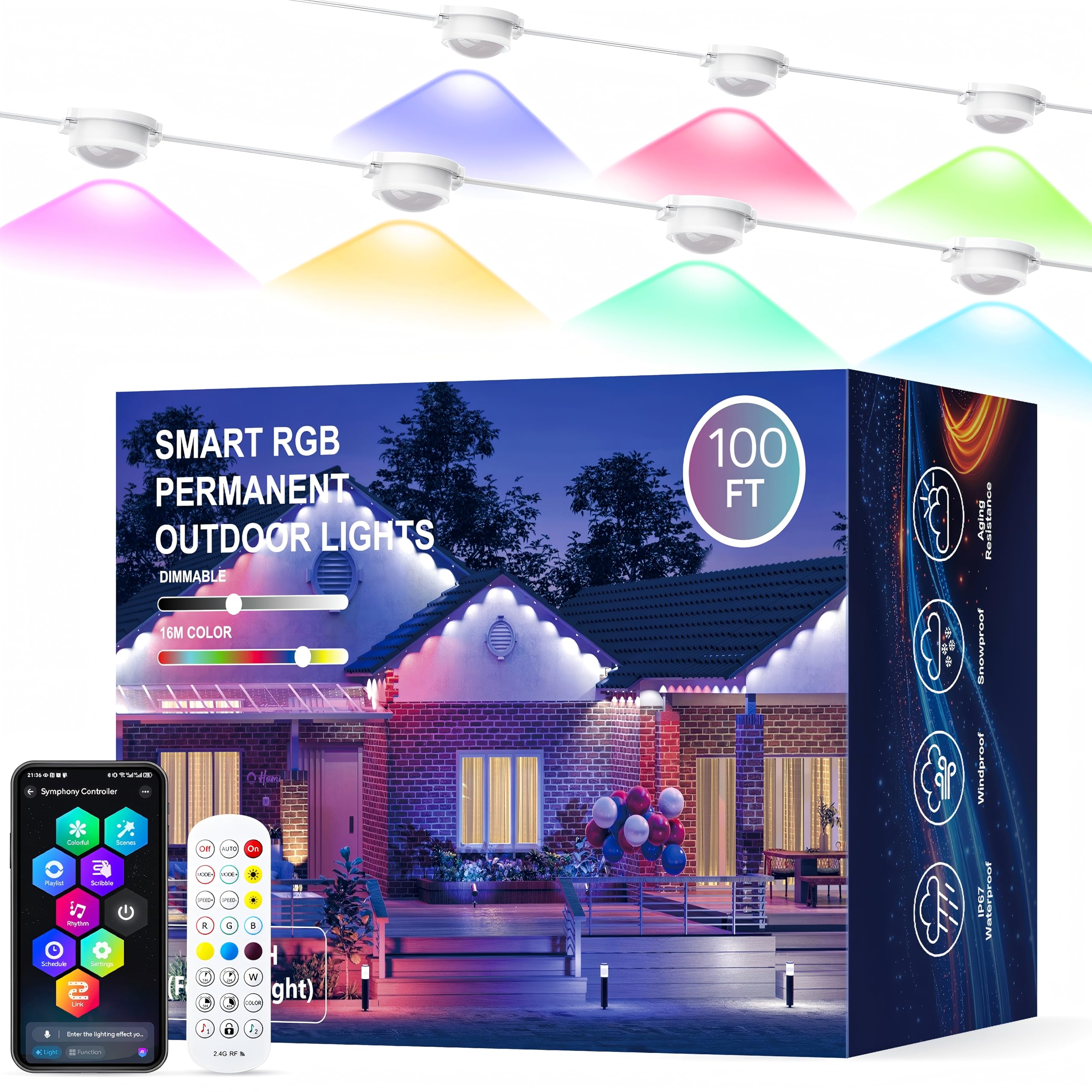 JOH Permanent Outdoor Lights, 100FT RGB+IC Smart LED Outdoor Lights with App/Remote Control, DIY Scene Modes Lighting & IP67 Waterproof, Eaves Light for Christmas, Holiday, Daily Decorations