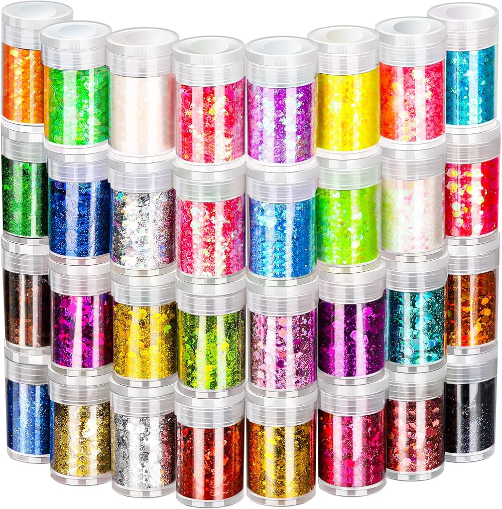 Fandamei 32 Pots Chunky Holographic Glitter 7-8g each 3 sizes 0.003 0.039