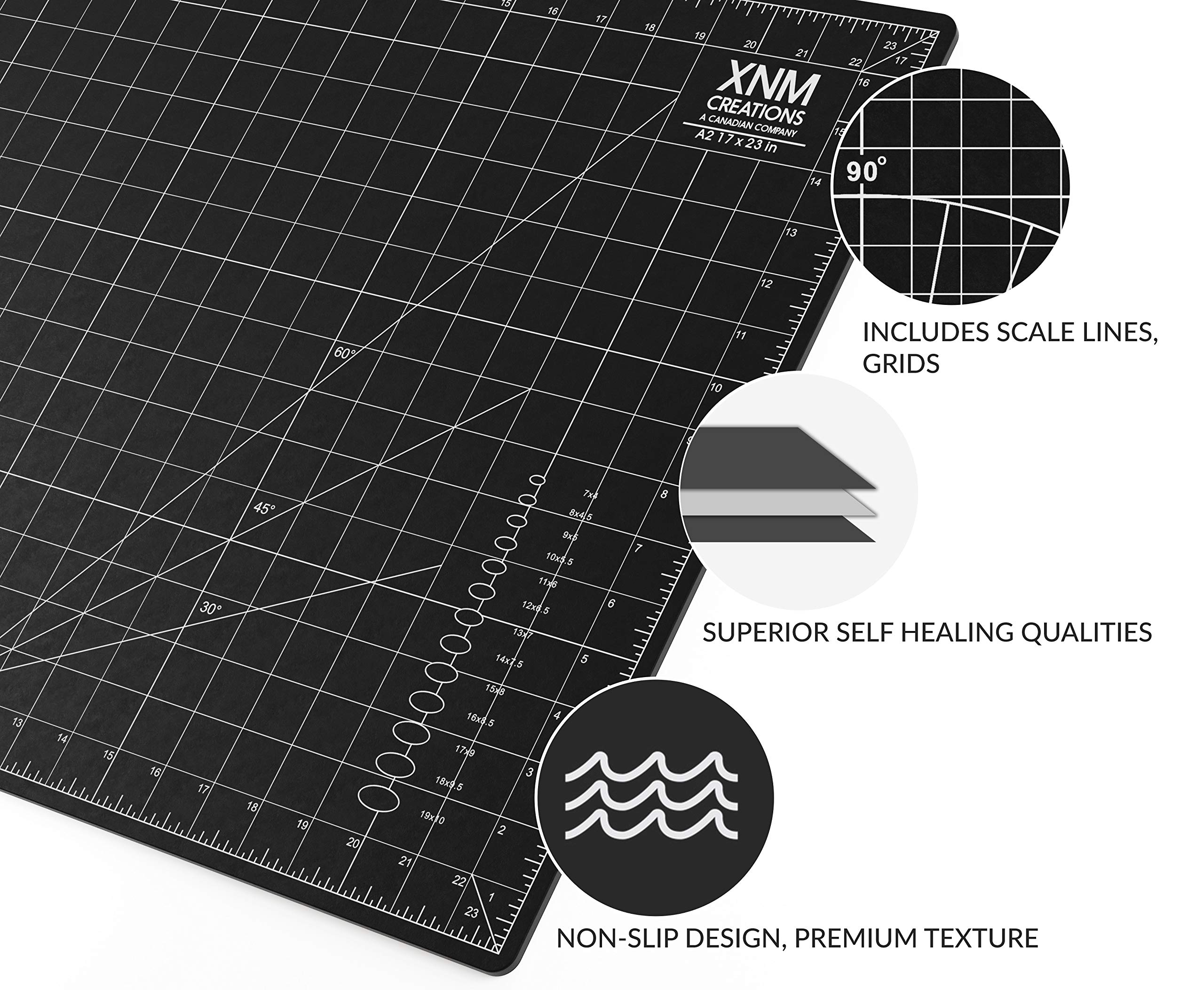 XNM Premium Self Healing Cutting Mat - 18 Inches by 24 inches - A2, 3 Layer Quality PVC Construction - Dual Sided, Imperial and Metric Grid Lines - Perfect for Cutting, Sewing, and Crafts