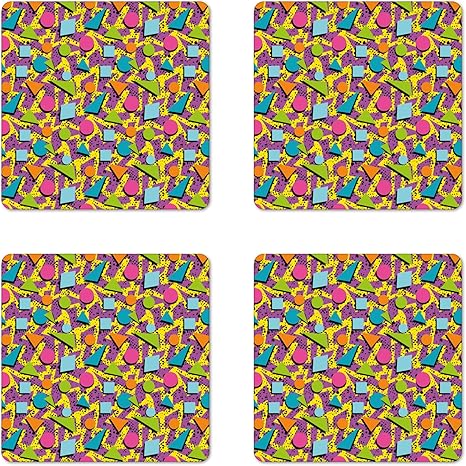 Amazon 4つのカラフルなコースターセットby Lunarableヴィンテージメンフィス 鮮やかな色パターンで80年代ファッションファンキーヒップスターアート 正方形ハードボードグロスコースターfor Drinks マルチカラー コースター オンライン通販