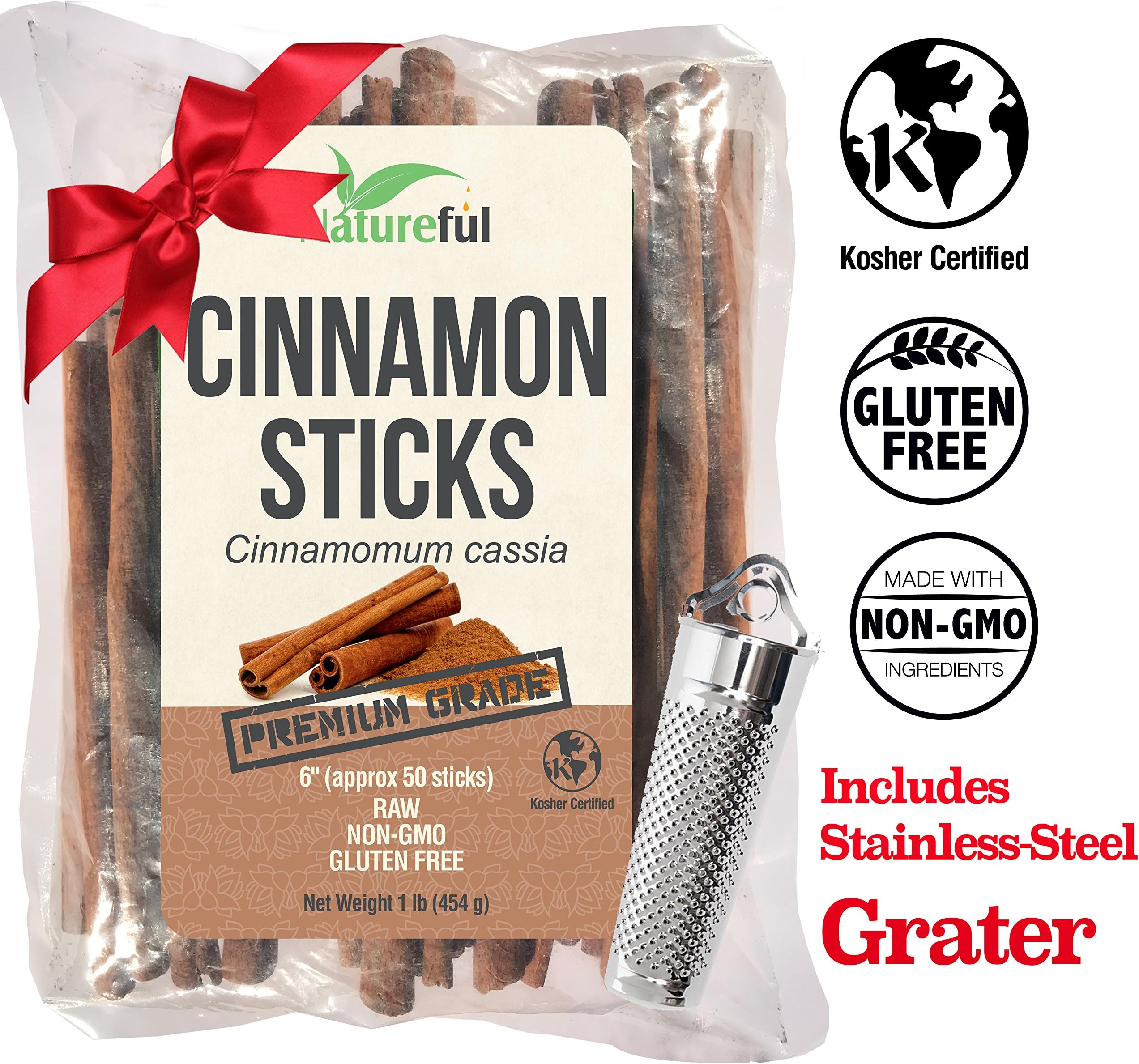 BEST Cinnamon Sicks 6 inch Bulk: FREE GRATER LIMITED TIME SPECIAL! Certificed KOSHER – Premium Quality Whole 1 Pound Bag (16 oz) – 1 Pack – Great for Tea, Wine, Hot Chocolate, Coffee and More!
