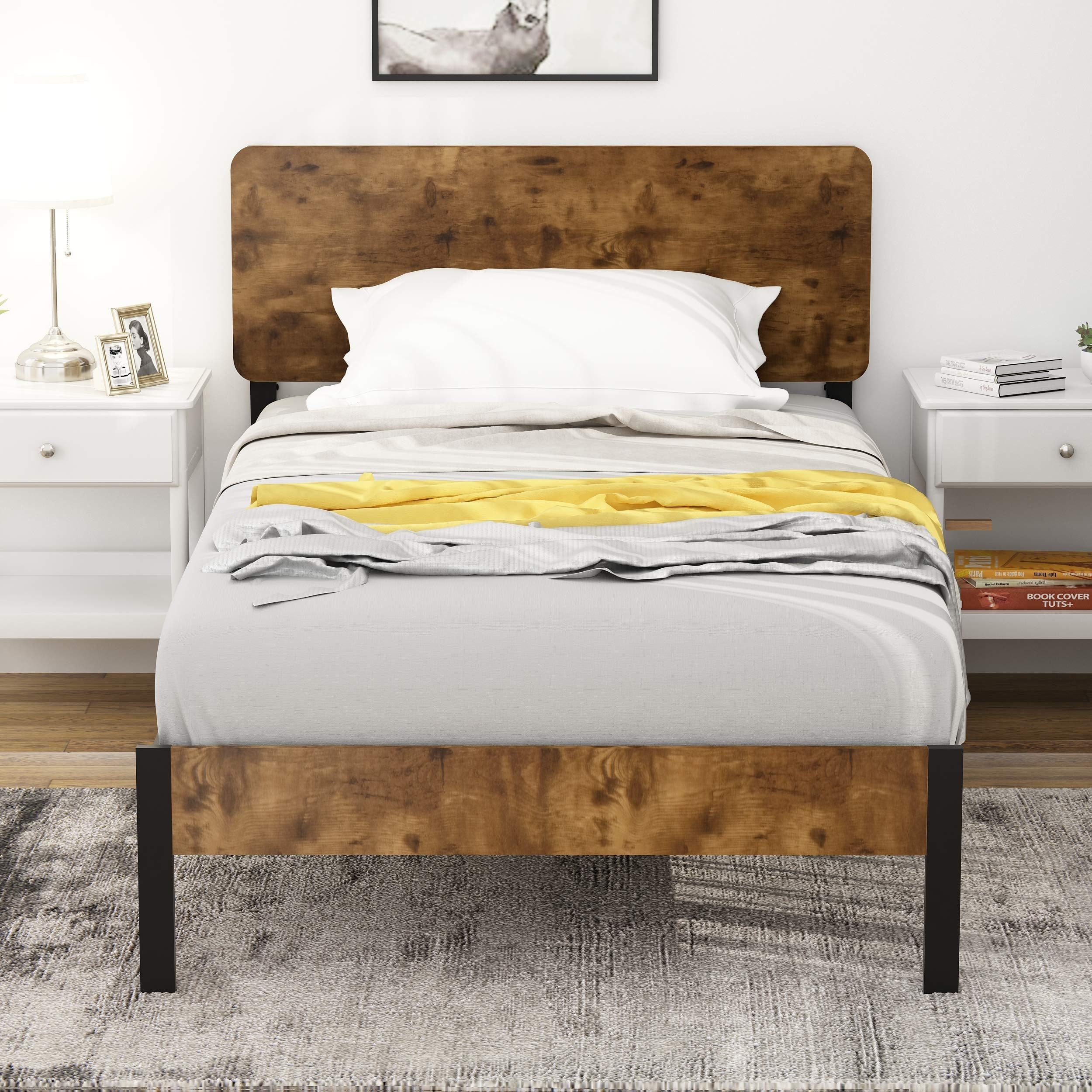Heavy Duty Twin Bed Frame Platform Bed with Wood Headboard Metal Bed Frame with Sturdy Mattress Support/Steel Slat Support/Box Spring Optional/Easy Assembly