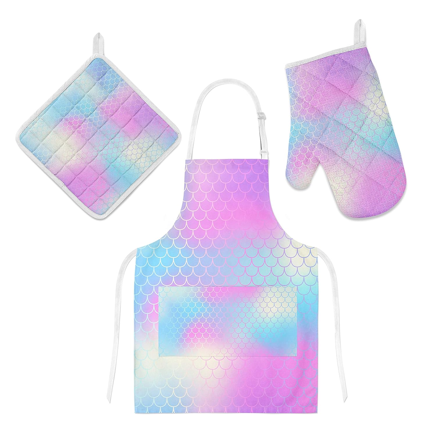U-Life Apron with Pocket Oven Mitt Pot Holder Set Mermaid Fish Scale Ocean Sea Rainbow for Women Men Kids