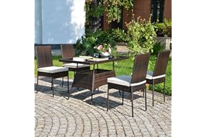 Toolsempire 5 Pieces Patio Wicker Dining Set Outdoor Furniture, Outdoor Rattan Table and Chairs with Tempered Glass Table-top & Padded Cushions, Patio Furniture Sets for Backyard, Balcony(Brown)