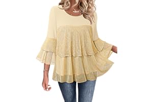 Bebonnie Womens Dressy Sparkly Peplum Tops 3/4 Sleeve Ruffles Elegant Evening Flowy Blouses