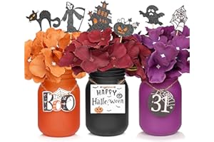 CNVOILA DIY Halloween Decorations, Halloween Table Centerpiece, Halloween Mason Jar Table Decor Set: Themed Vases with Faux Flowers & Festive Tags - Indoor Halloween Centerpiece Ideas