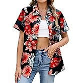 NQIQO Hawaiian Shirts for Women Floral Short Sleeve Button Down Shirt Summer Tropical Beach Tops