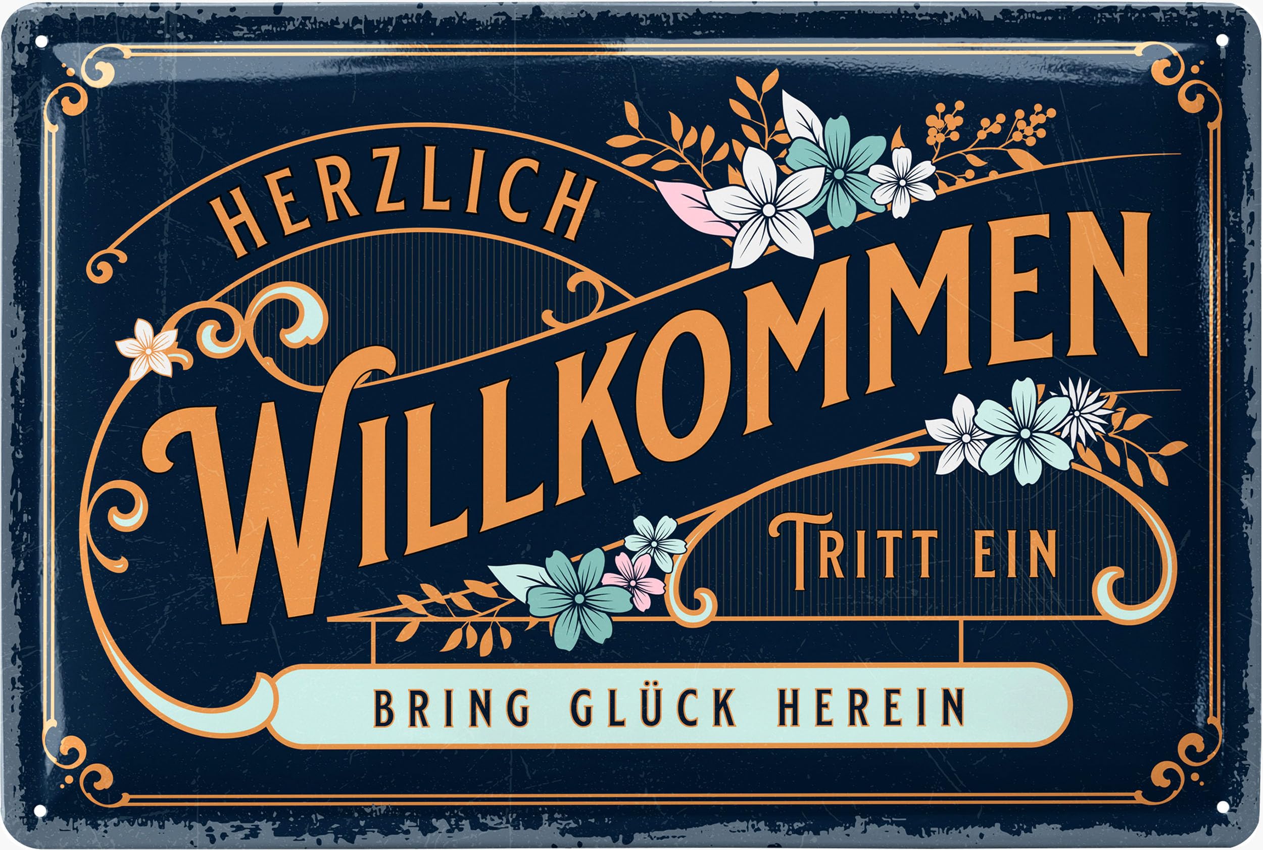 LANOLU Retro Tin Sign 'Herzlich Willkommen' - Welcome Decorative Garden Sign, 20 x 30 cm Steel Wall Mount Sign