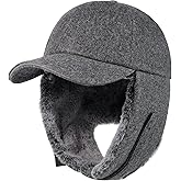 Gisdanchz Faux Fur Lined Wool Blend Baseball Cap with Long Earflaps, Baseball Cap Style Bomber Hat for Cold Weather