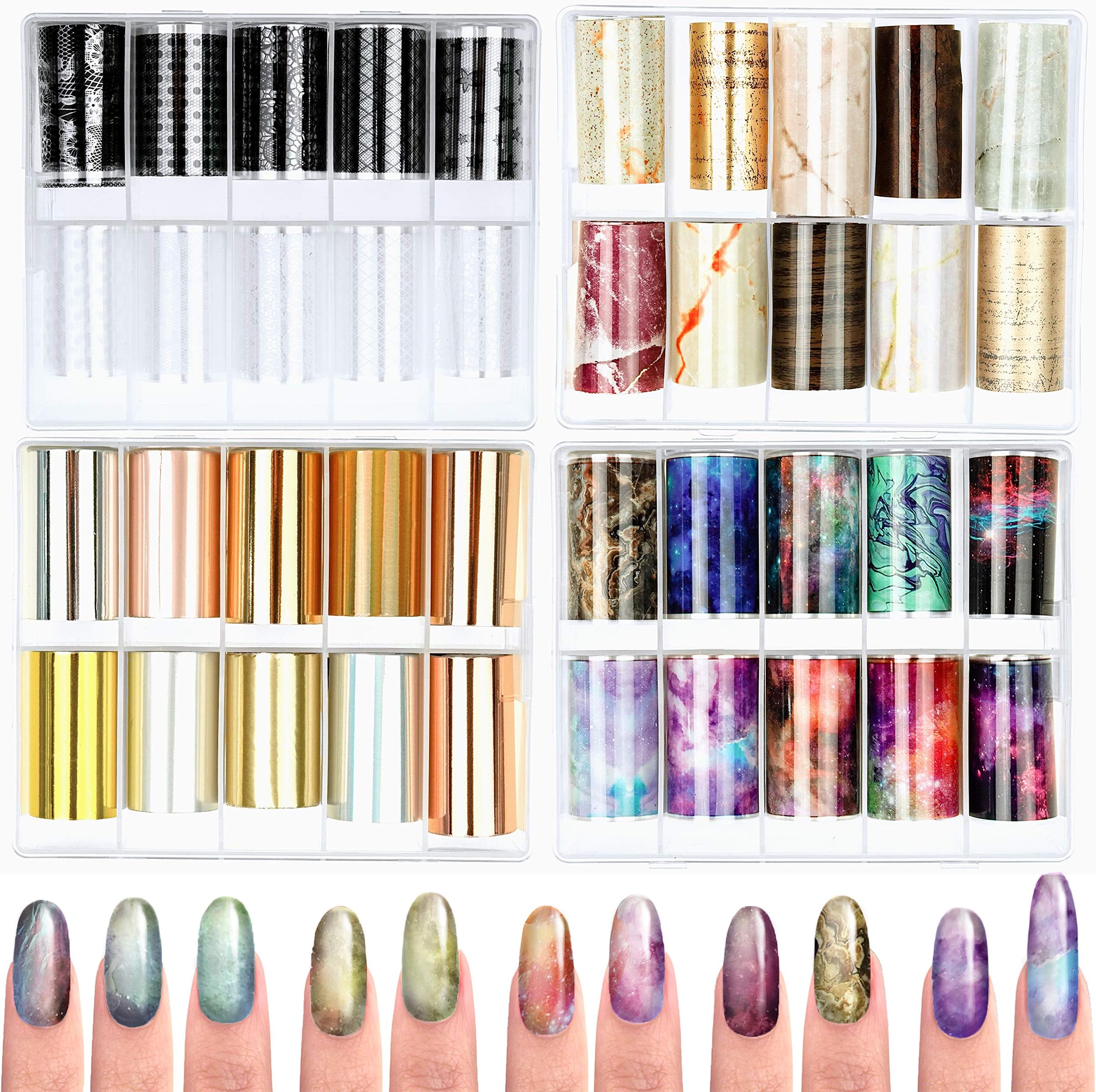 40 Sheets Nail Art Foil Transfer Stickers Rolls, Starry Sky Black and White Lace Marble Printed Adhesive Nails Wraps Transfer Decals Rose Gold Nail Foil Decal
