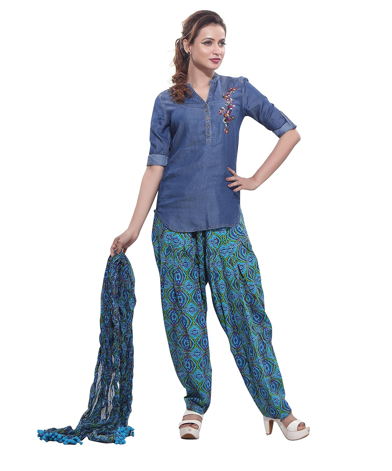 jublee women's printed blue patiala with dupatta set