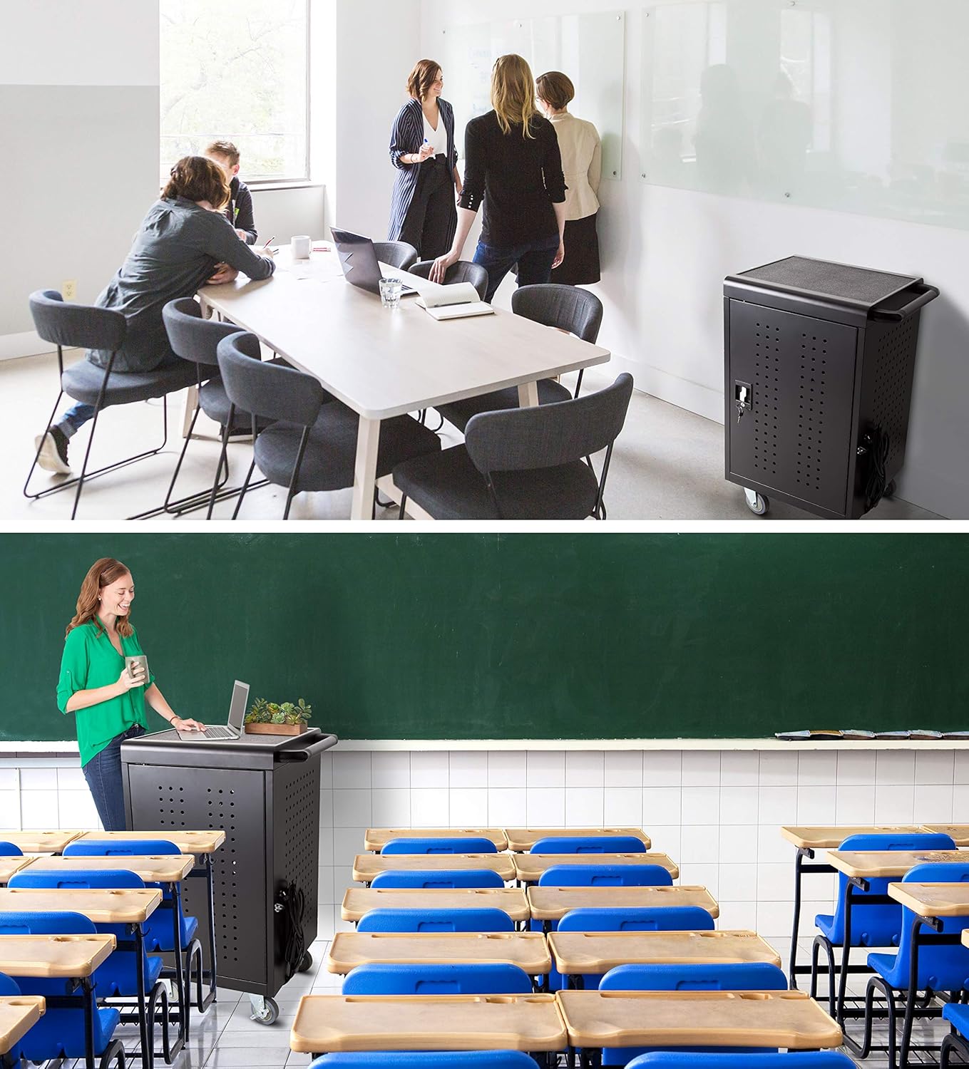 Line Leader 30 Unit Compact Mobile Charging & Storage Cart | Locking Cabinet Holds 30 Tablets, Laptops or Chromebooks | Mobile Lab w/Two 15-Outlet Power Strips | Great for School, Classroom & Library: Home & Kitchen
