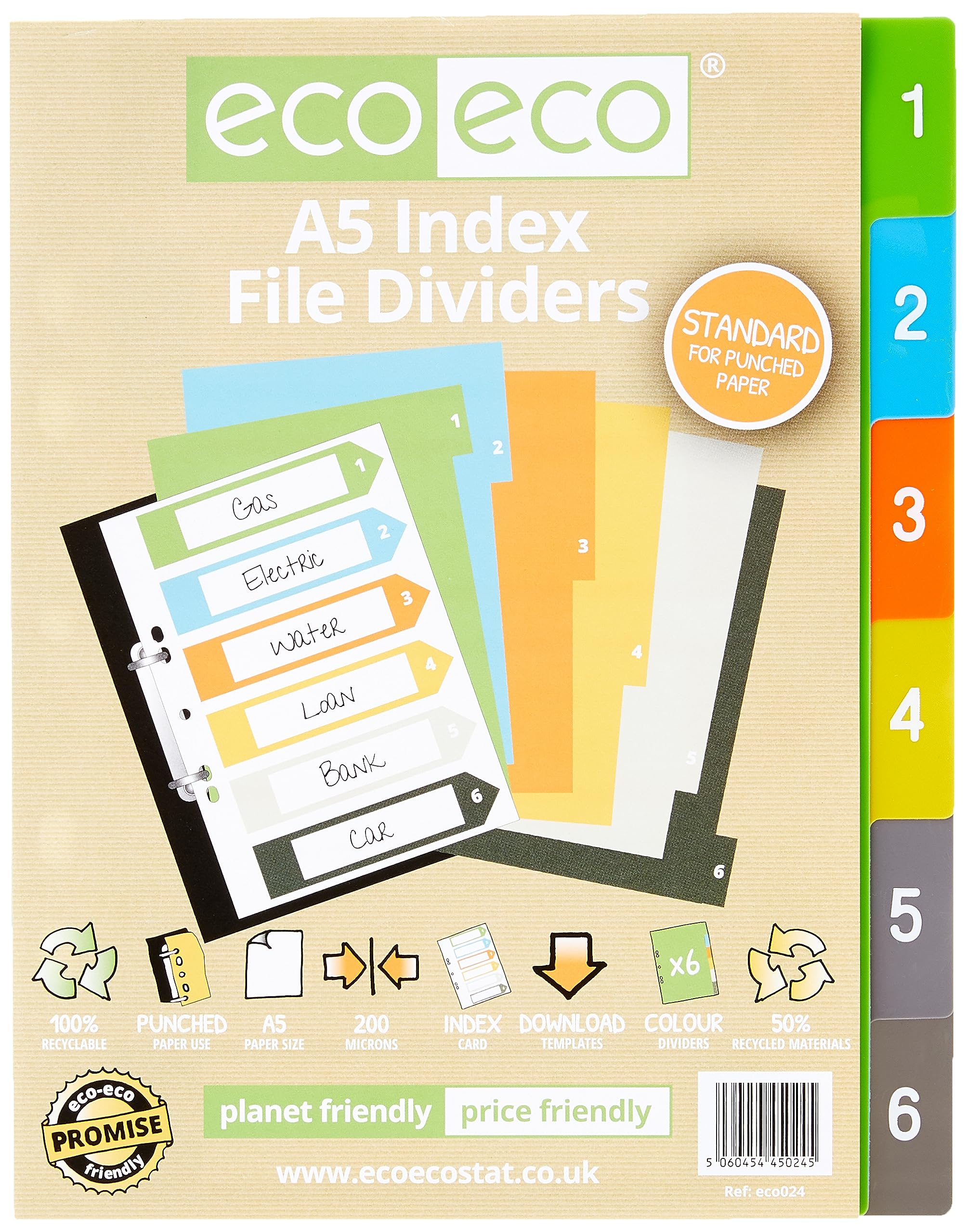 eco-eco A5 50% Recycled Set 6 Index File Dividers