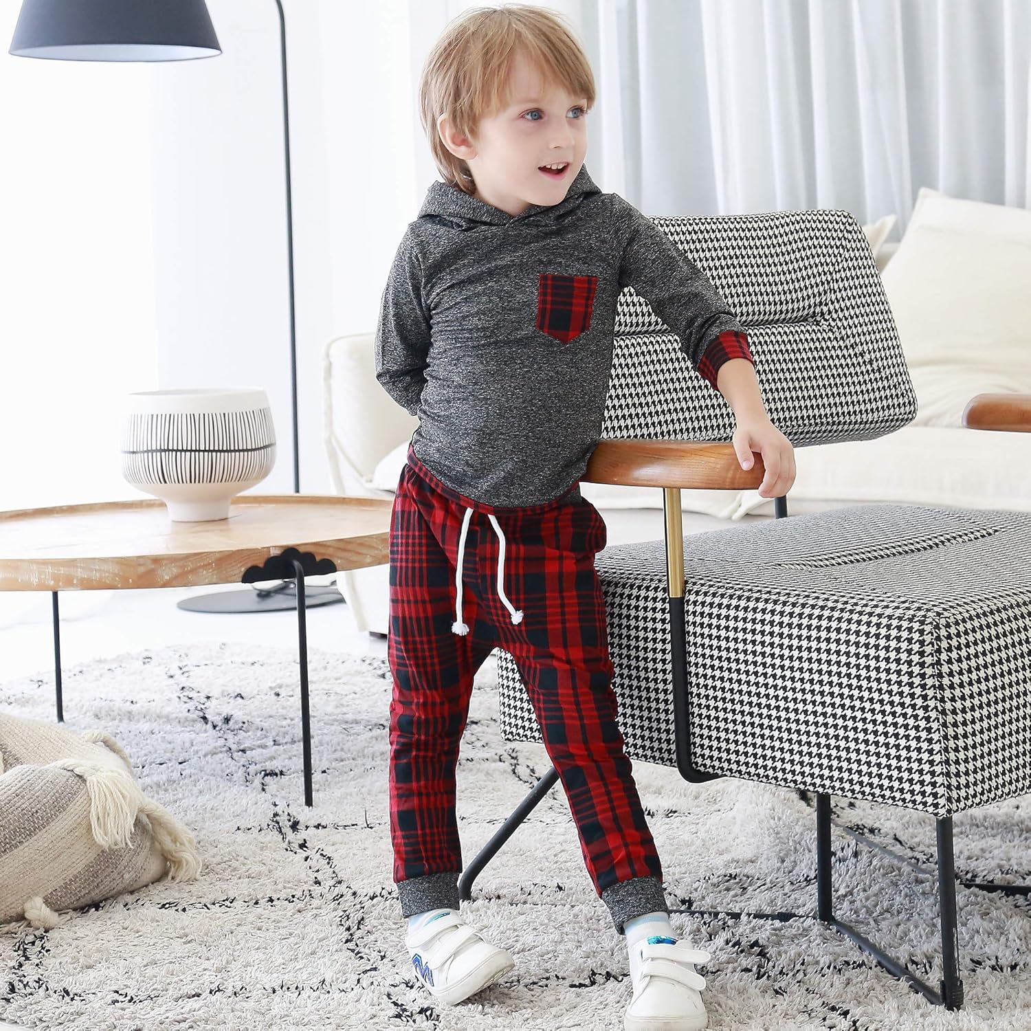 Toddler Infant Baby Boy Clothes Outfit Plaid Long Sleeve Hoodie Sweatshirt Pants Fall Winter Clothes Set for Baby Boy: Clothing