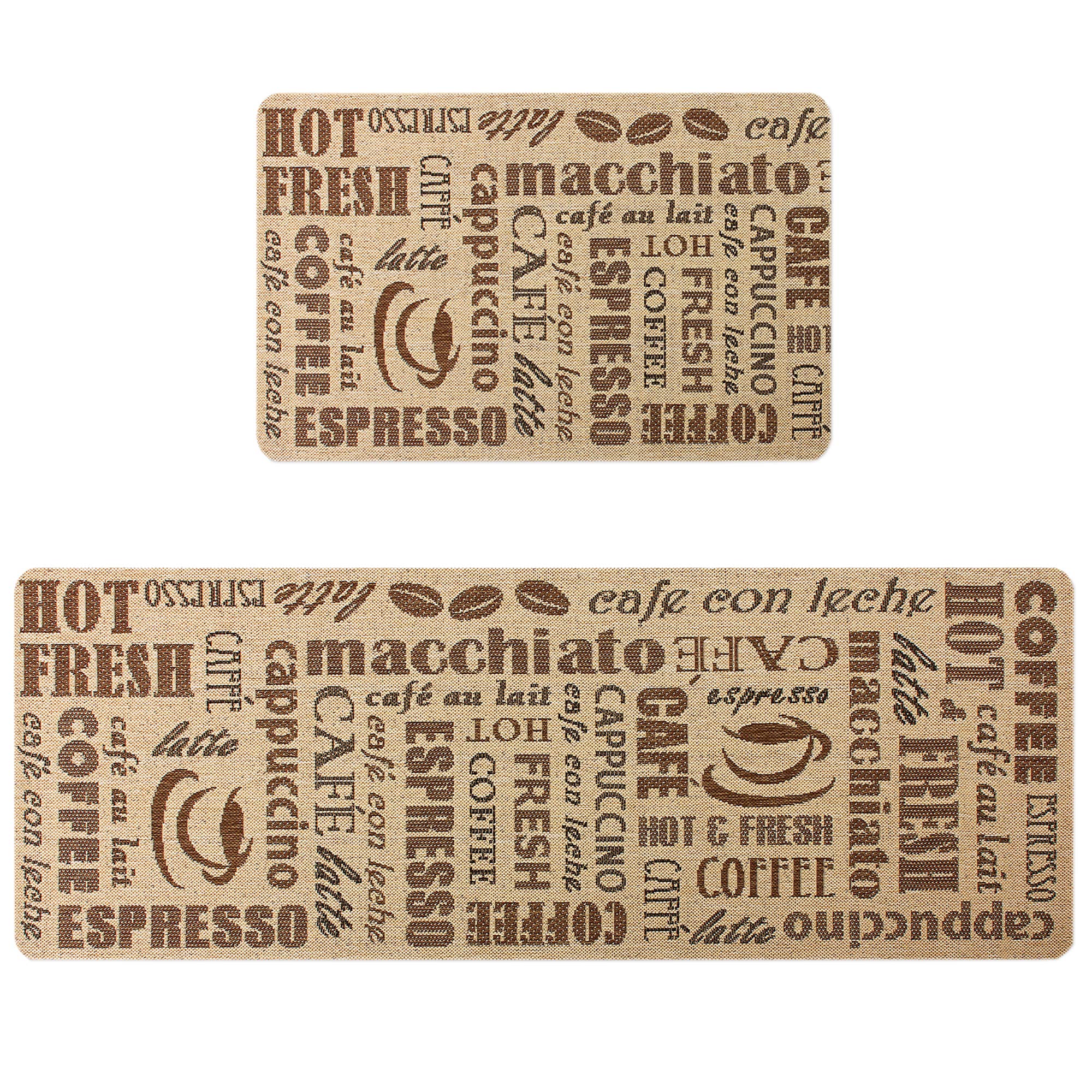 Kitchen Mat Set 2 Piece Kitchen Rugs Floor Mat Non-Slip Natural Rubber Standing Anti-Fatigue Mat Indoors Washable Doormat Large Runner Rugs for Kitchen Coffee Bar(18" x 30"+18" x 47", Coffee)