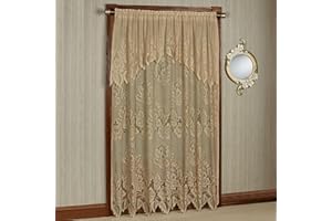 TOUCH OF CLASS Hallie Lace Window Treatment | Vintage Antique Gold | Cottage Garden Magnolia Flower Lacy Designs with Scalloped Edges | Rod Pocket Drapery | Easy-Style 84L All-In-One Panel with Attached 24L Valance
