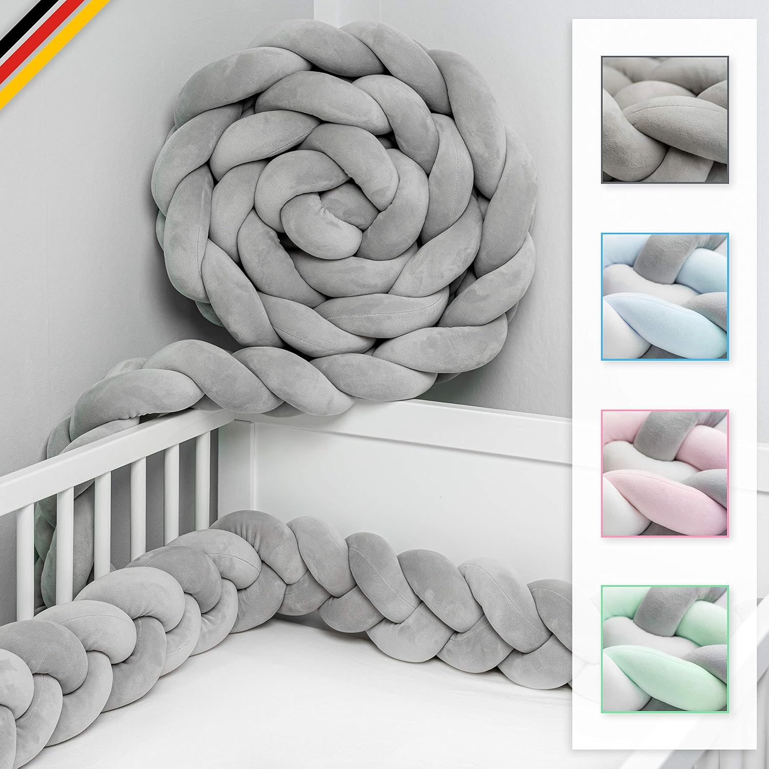 JAKOR® Bettschlange geflochten 3M - geprüfte Laborqualität - Bettumrandung geflochten inkl. Wäschenetz - Babybettumrandung - Bettumrandung Babybett – Bettschlange 300 cm (Grau)