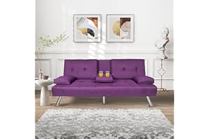 ERYE 66" Linen Upholstered Futon Loveseat Convertible Sleeper Couch Bed W/5 Metal Legs,Removable Pillows Armrest, 2 Seaters Love Seat Sofa Compact Foldable Napping Daybed with Drop-Down Cupholdes