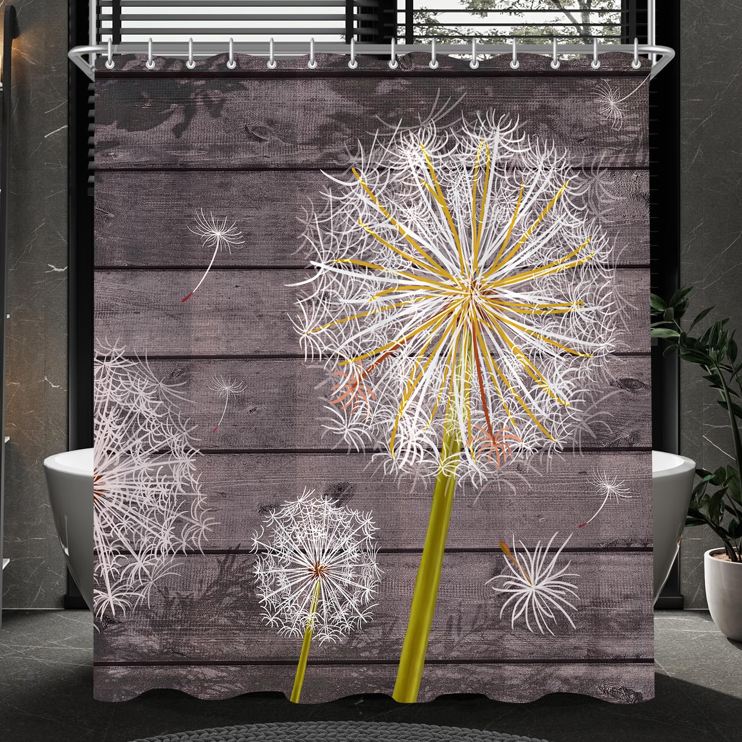 Lerores Shower Curtain, 240 x 200 cm, Dandelion, Weighted Hem, Anti-Mould Textile, Water-Repellent, Washable Polyester Bath Curtains with 16 Eyelets and Shower Curtain Rings for Bathroom, Bathtub