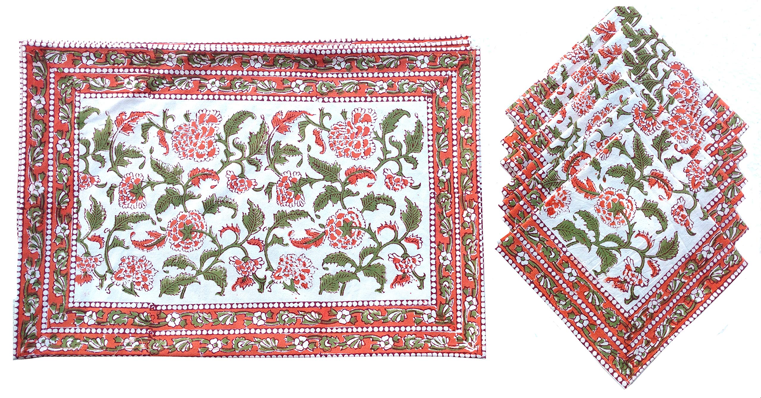 Rastogi Handicrafts Hand Block 100% Cotton Indian Style Theme Set of 6 Dining Table Mats and Napkins Place-mats Runners (ORANGE 1)